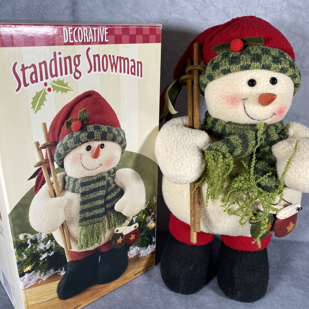 Standing Snowman w Red Hat, Mitts, Poles, Etc Decorative Christmas Plush w Box